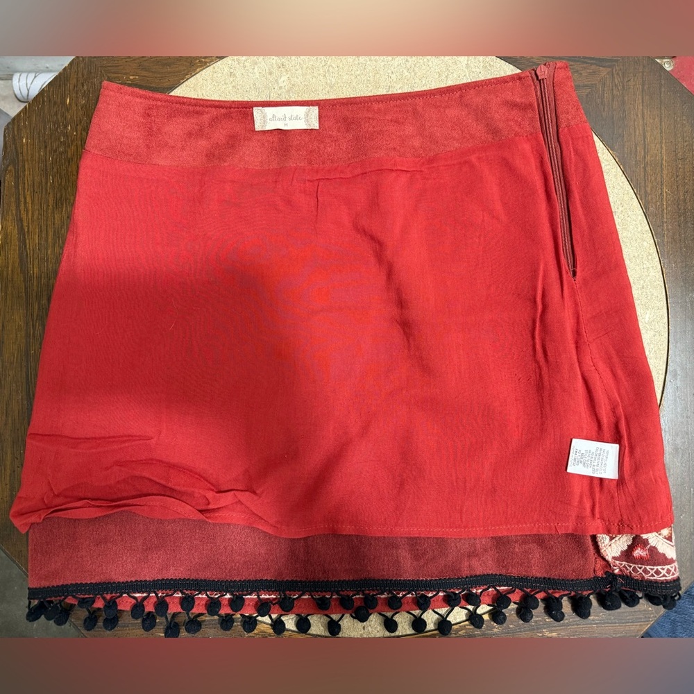 Altar'd State Red Mini Skirt with Embroidered Birds and Flowers - Picture 4 of 7